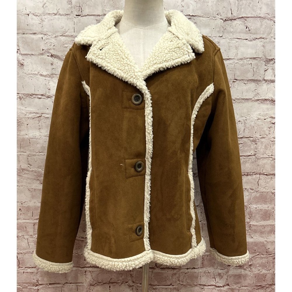 VINTAGE Y2K LL Bean Jacket Coat Brown Faux Suede Sherpa Chore Rustic Petite L